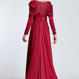 Bust Embroidered Draped Long Evening Dress