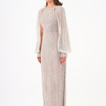 Chiffon Sleeve Detailed Stone Embroidered Long Evening Dress