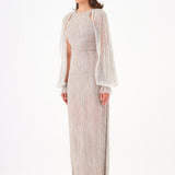 Chiffon Sleeve Detailed Stone Embroidered Long Evening Dress