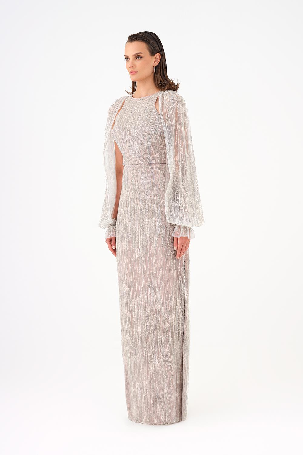 Chiffon Sleeve Detailed Stone Embroidered Long Evening Dress