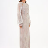 Chiffon Sleeve Detailed Stone Embroidered Long Evening Dress