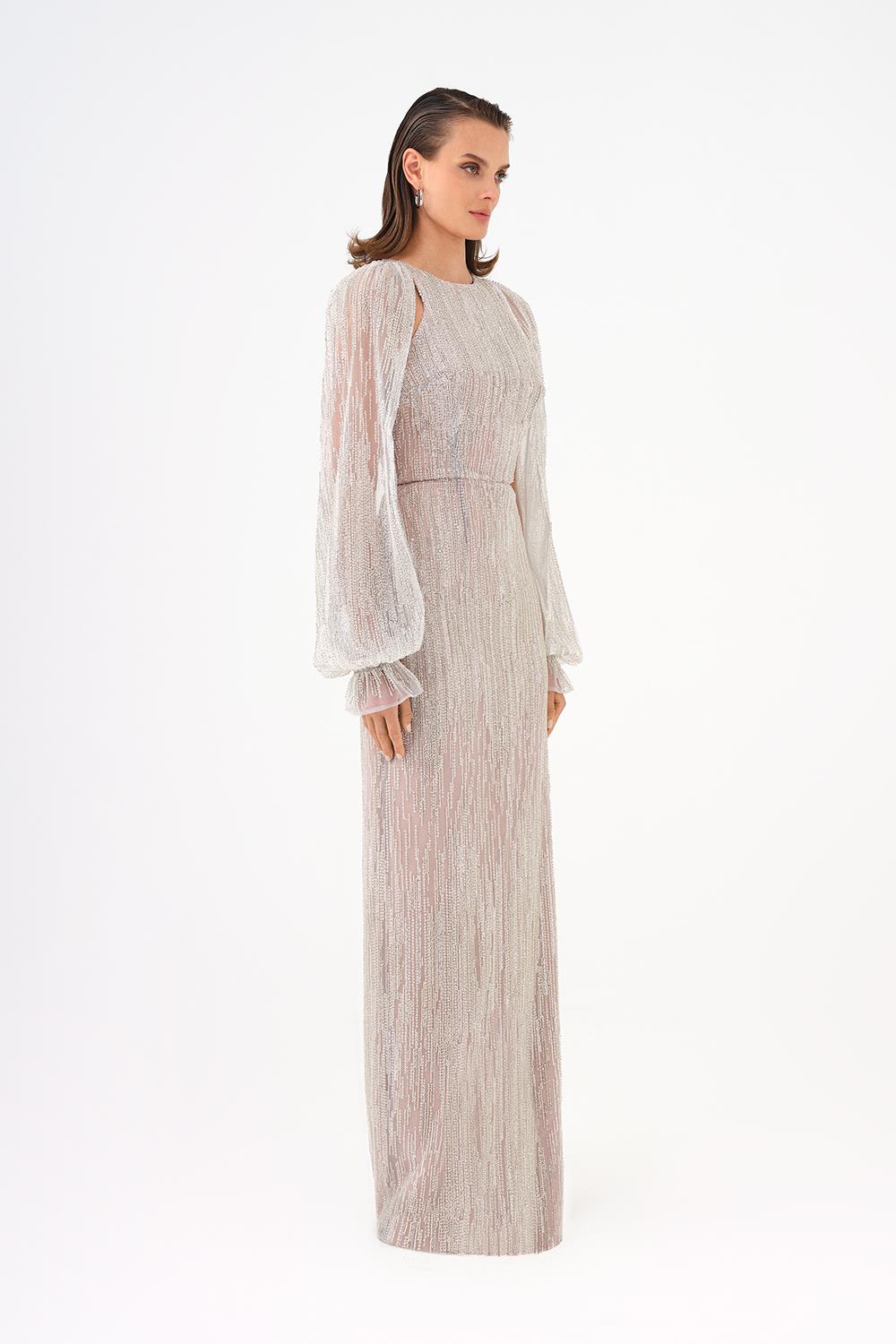 Chiffon Sleeve Detailed Stone Embroidered Long Evening Dress