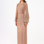 Chiffon Sleeve Detailed Stone Embroidered Long Evening Dress