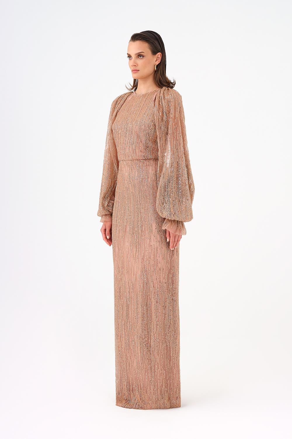 Chiffon Sleeve Detailed Stone Embroidered Long Evening Dress