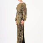 Chiffon Sleeve Detailed Stone Embroidered Long Evening Dress