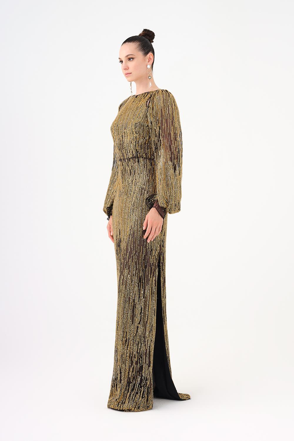 Chiffon Sleeve Detailed Stone Embroidered Long Evening Dress