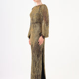 Chiffon Sleeve Detailed Stone Embroidered Long Evening Dress