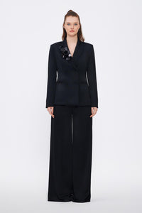 Collar Detailed Wide Leg Black Suit