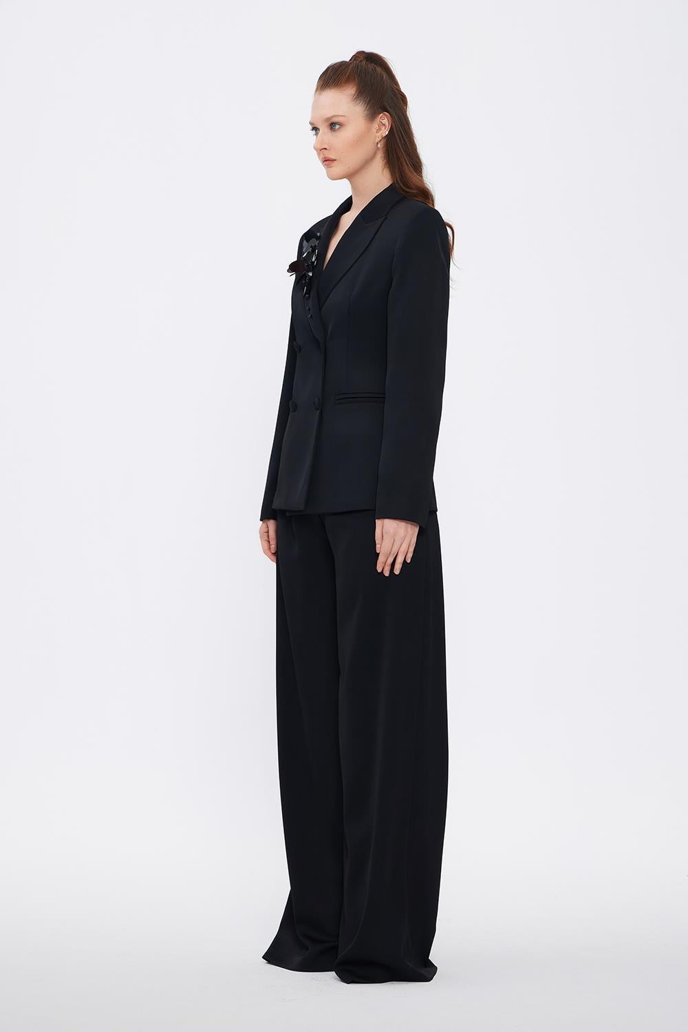 Collar Detailed Wide Leg Black Suit