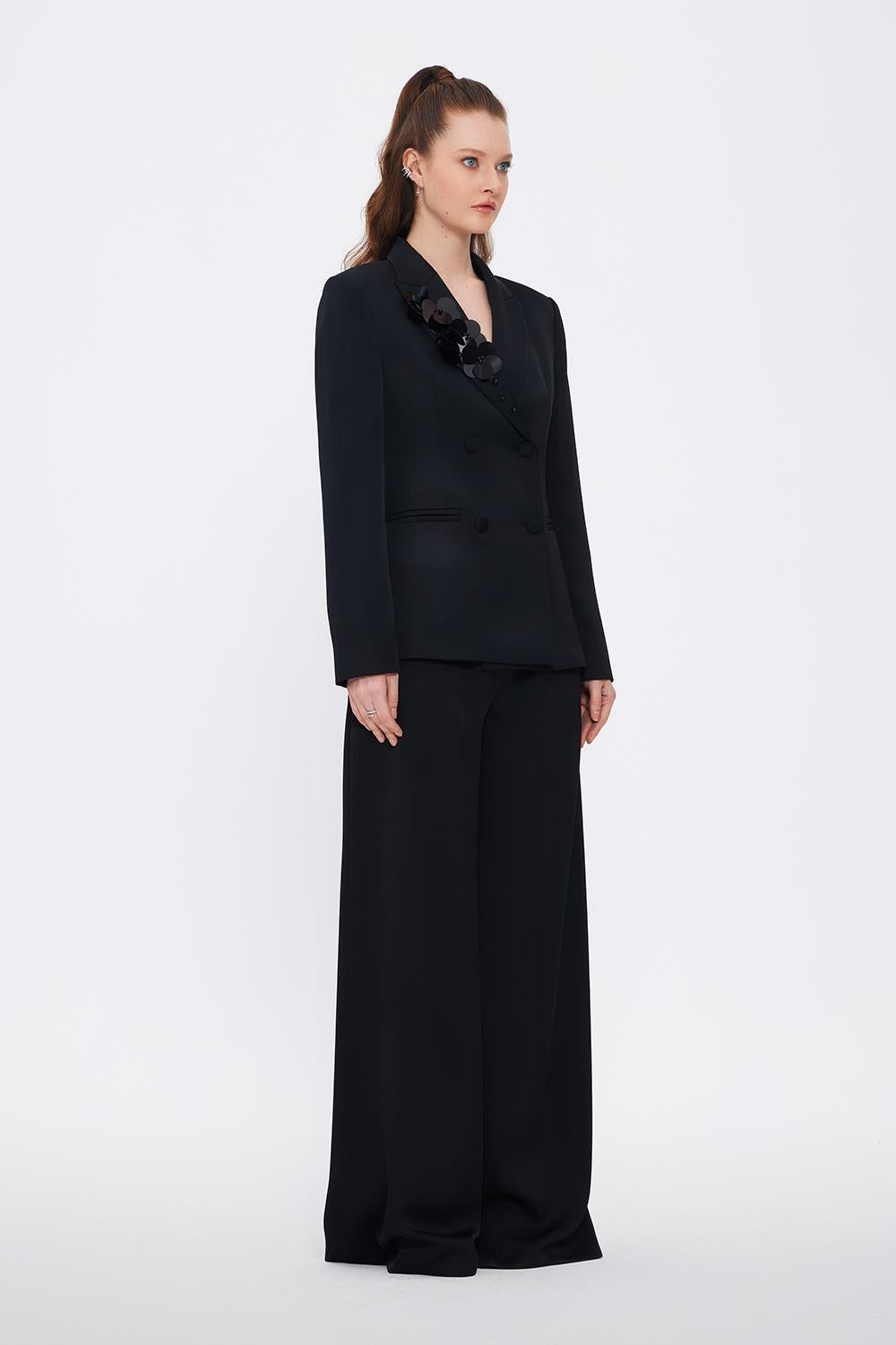 Collar Detailed Wide Leg Black Suit