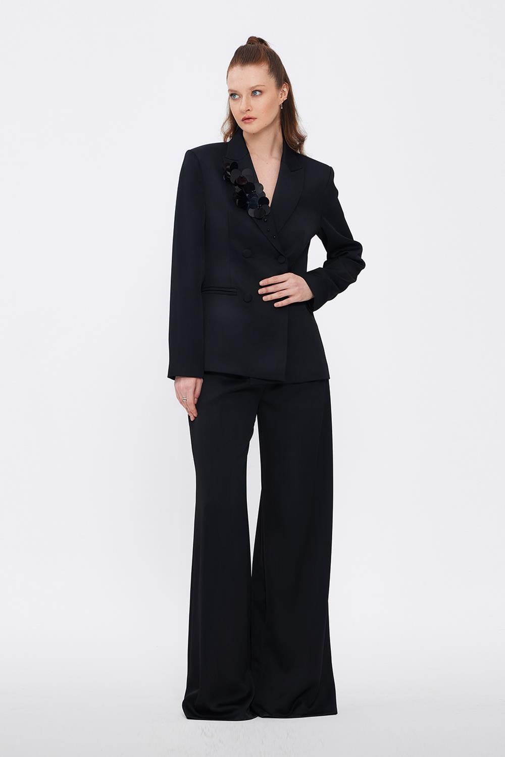 Collar Detailed Wide Leg Black Suit