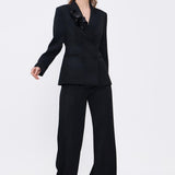 Collar Detailed Wide Leg Black Suit