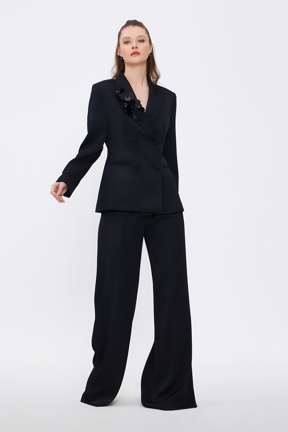 Collar Detailed Wide Leg Black Suit