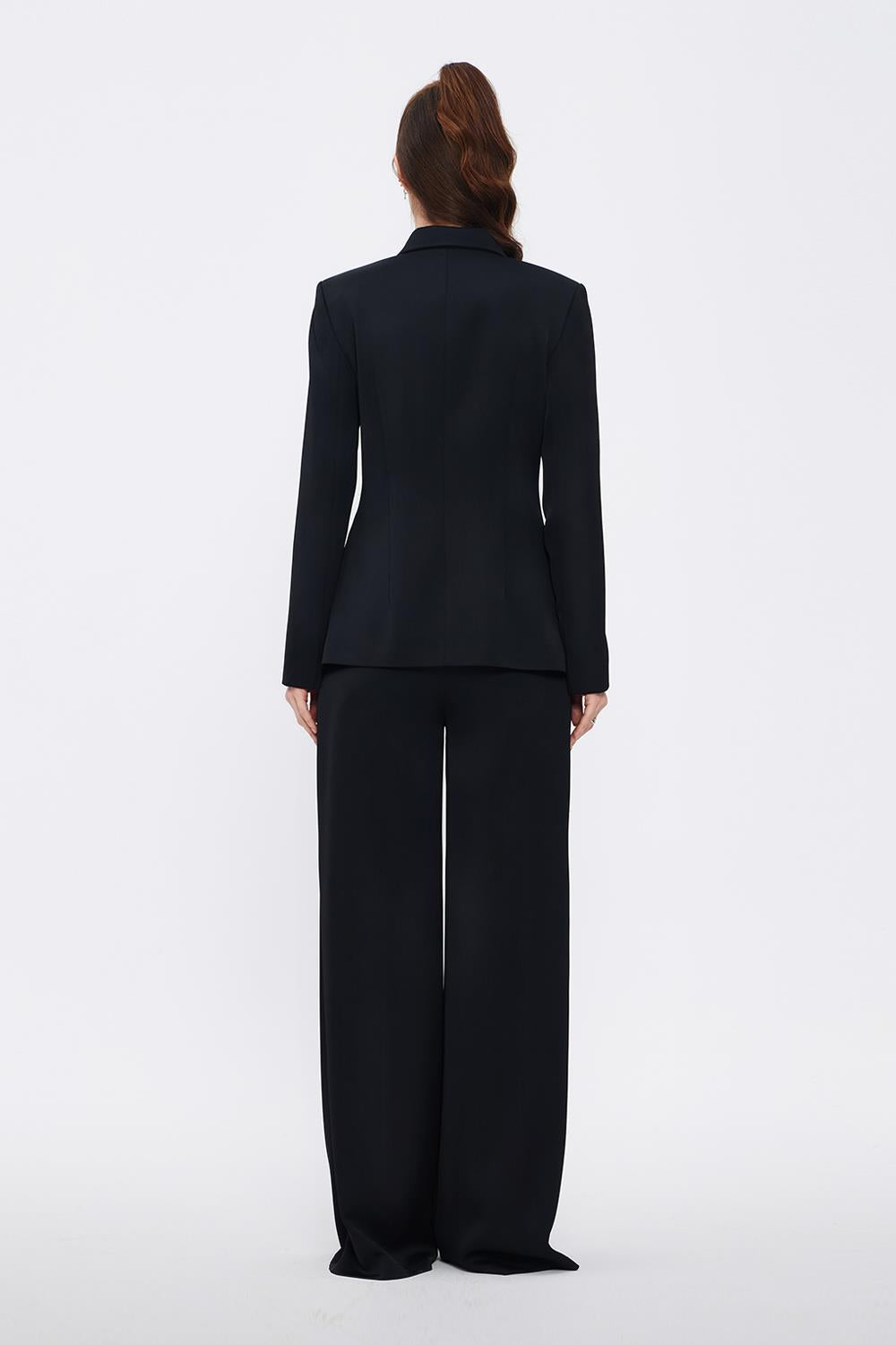 Collar Detailed Wide Leg Black Suit