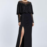 Long evening dress with collar embroidered slit - 2023