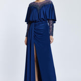 Long evening dress with collar embroidered slit - 2023