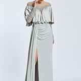 Long evening dress with collar embroidered slit - 2023