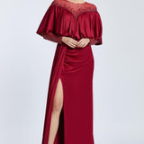 Long evening dress with collar embroidered slit - 2023