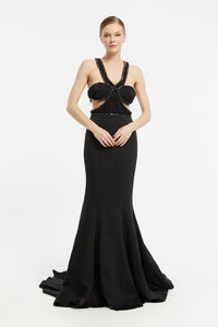 Embroidered Fabric Rhinestone Embroidered Decollete Long Evening Dress