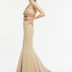 Embroidered Fabric Stone Embroidered Decollete Long Evening Dress