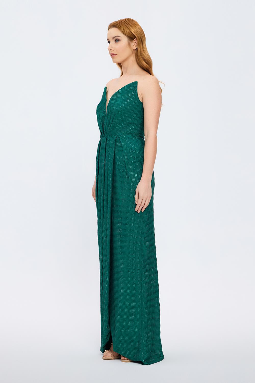 Dragee Collar Stone Embroidered Long Evening Dress