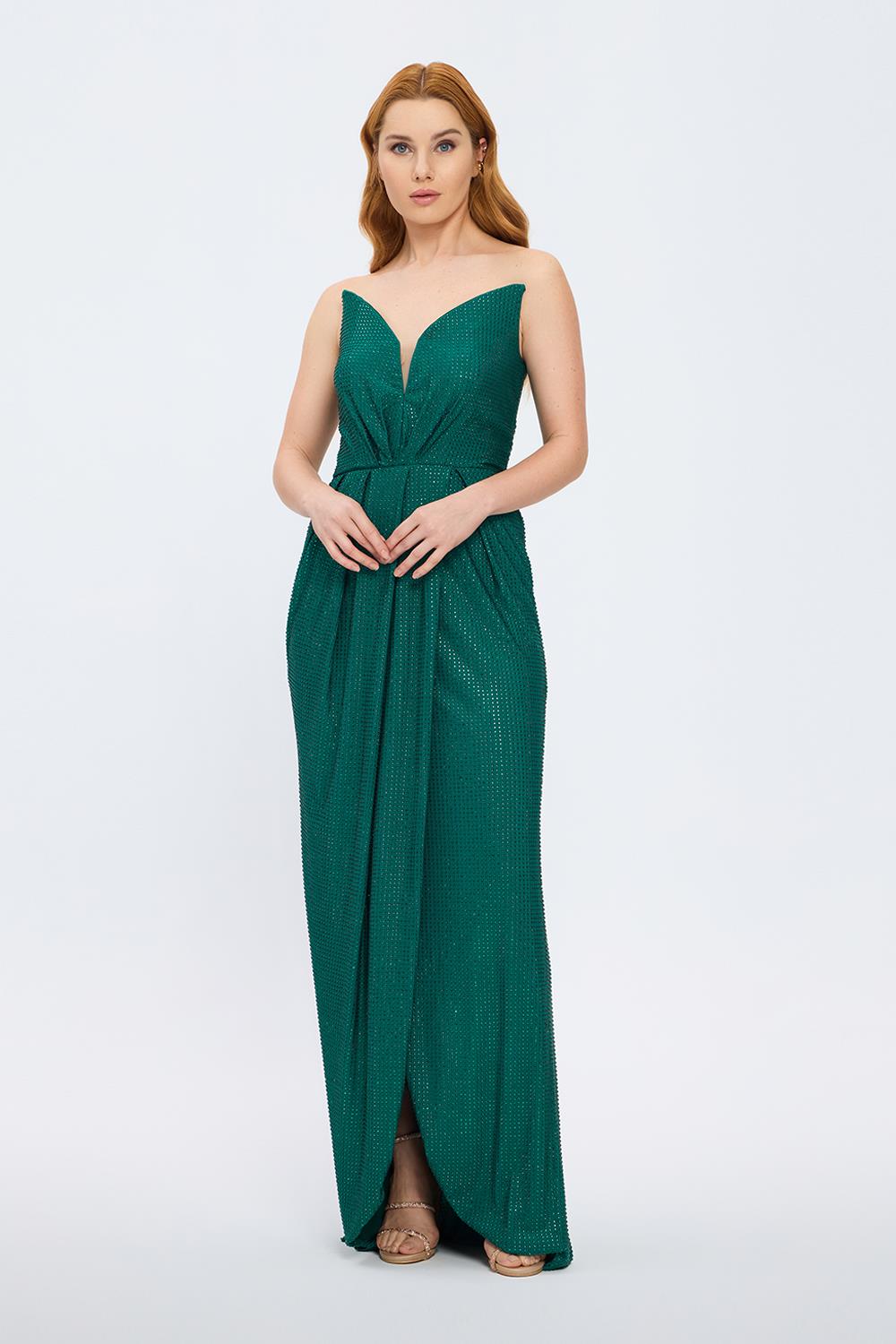 Dragee Collar Stone Embroidered Long Evening Dress