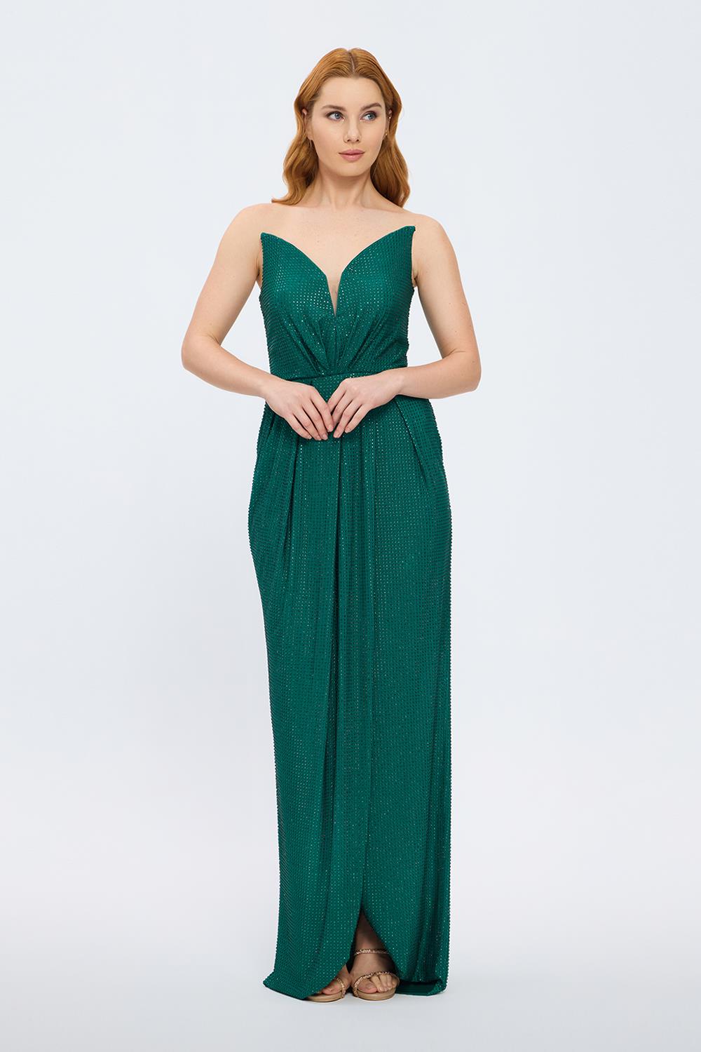 Dragee Collar Stone Embroidered Long Evening Dress