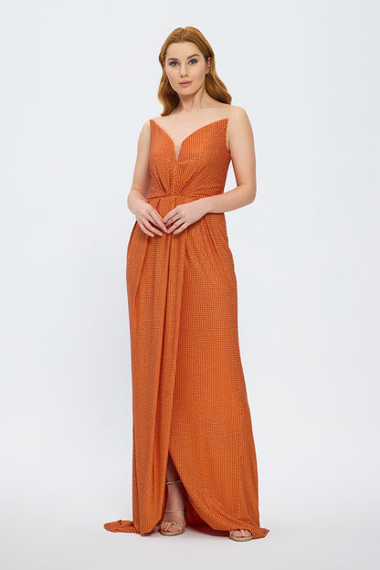 Dragee Collar Stone Embroidered Long Evening Dress