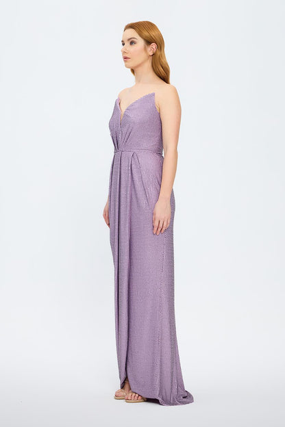 Dragee Collar Stone Embroidered Long Evening Dress