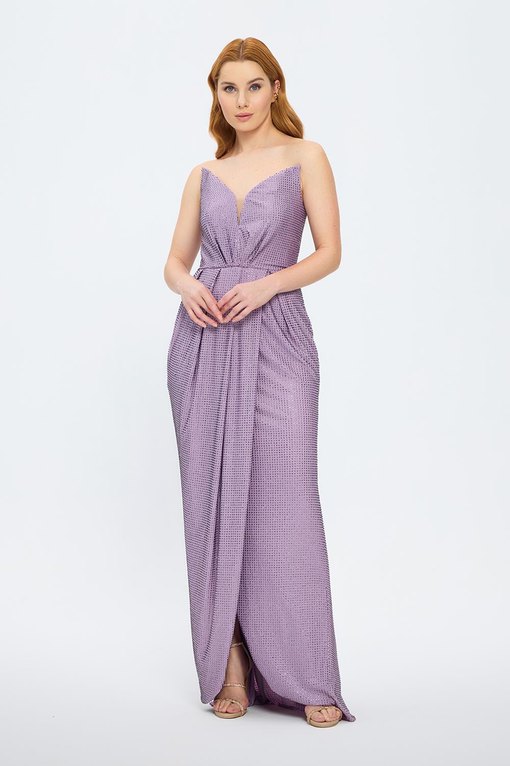 Dragee Collar Stone Embroidered Long Evening Dress