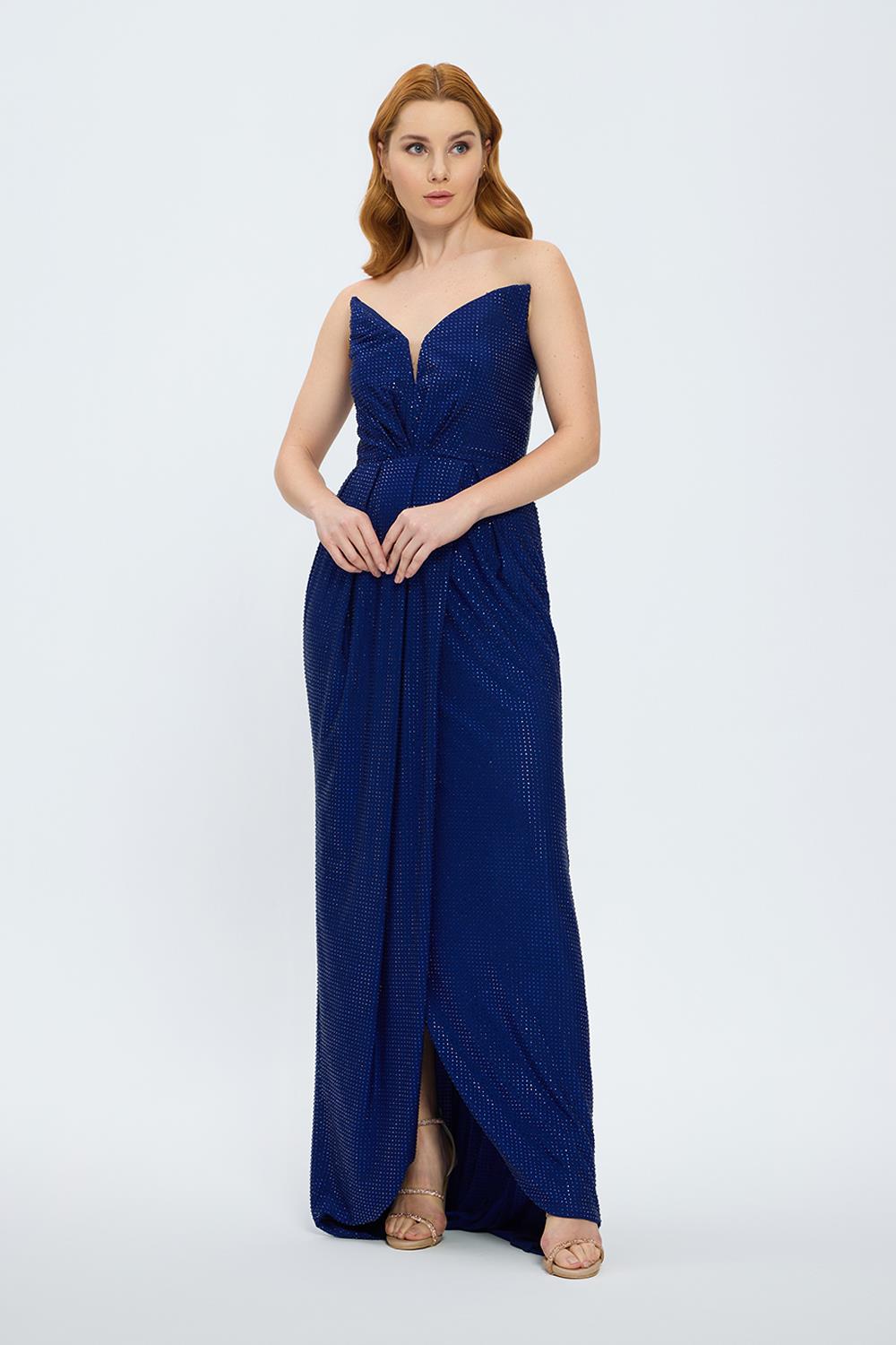 Dragee Collar Stone Embroidered Long Evening Dress