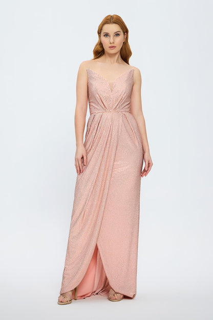 Dragee Collar Stone Embroidered Long Evening Dress