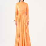 Drape Detailed Stand Collar Satin Long Evening Dress