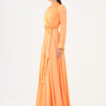 Drape Detailed Stand Collar Satin Long Evening Dress