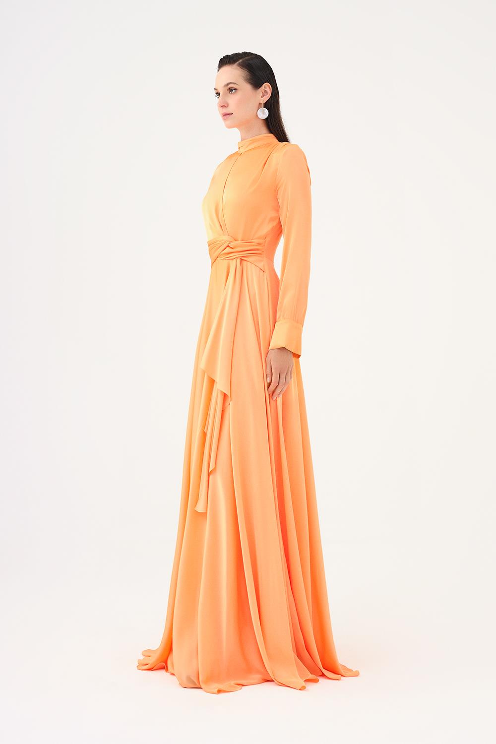 Drape Detailed Stand Collar Satin Long Evening Dress