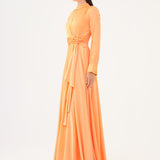 Drape Detailed Stand Collar Satin Long Evening Dress