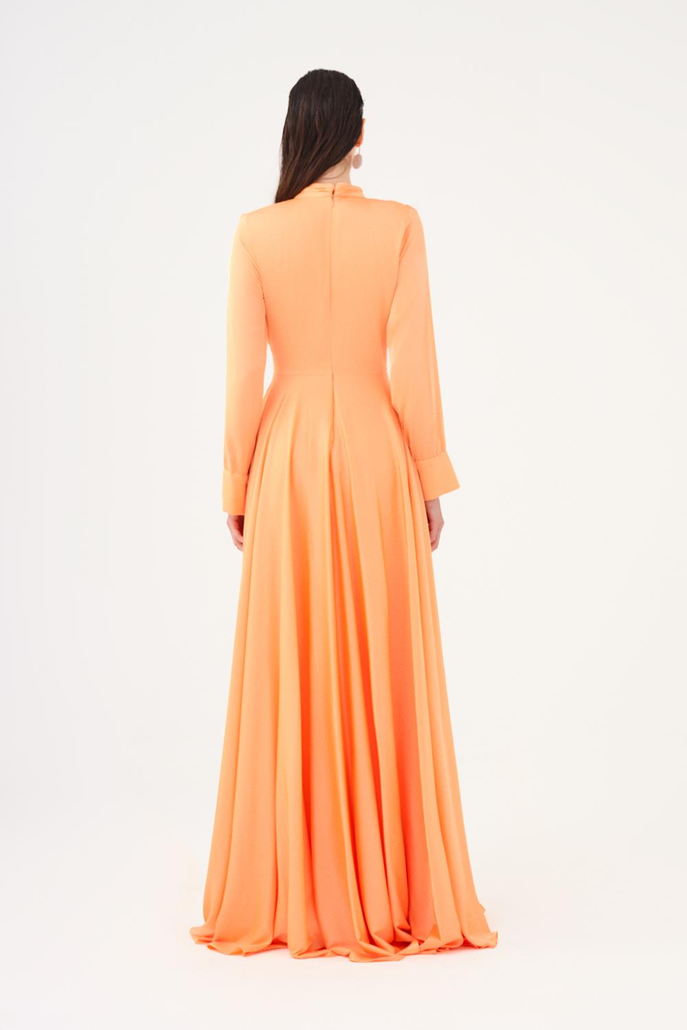 Drape Detailed Stand Collar Satin Long Evening Dress