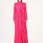 Drape Detailed Stand Collar Satin Long Evening Dress