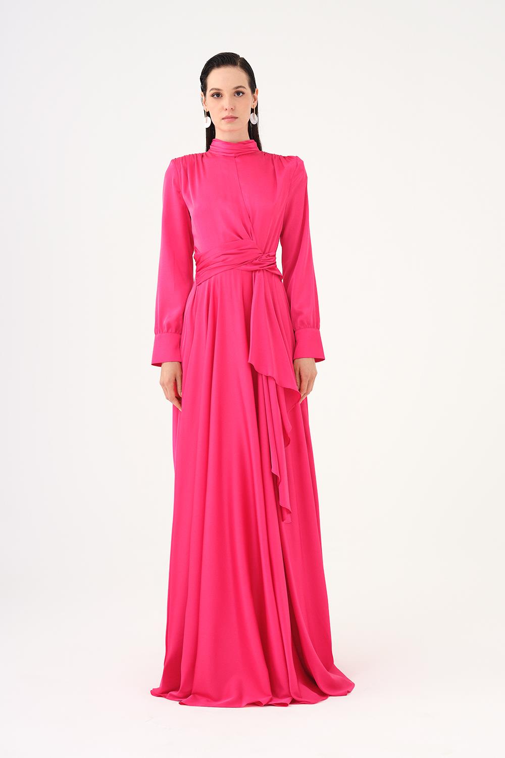 Drape Detailed Stand Collar Satin Long Evening Dress