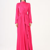 Drape Detailed Stand Collar Satin Long Evening Dress