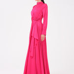 Drape Detailed Stand Collar Satin Long Evening Dress