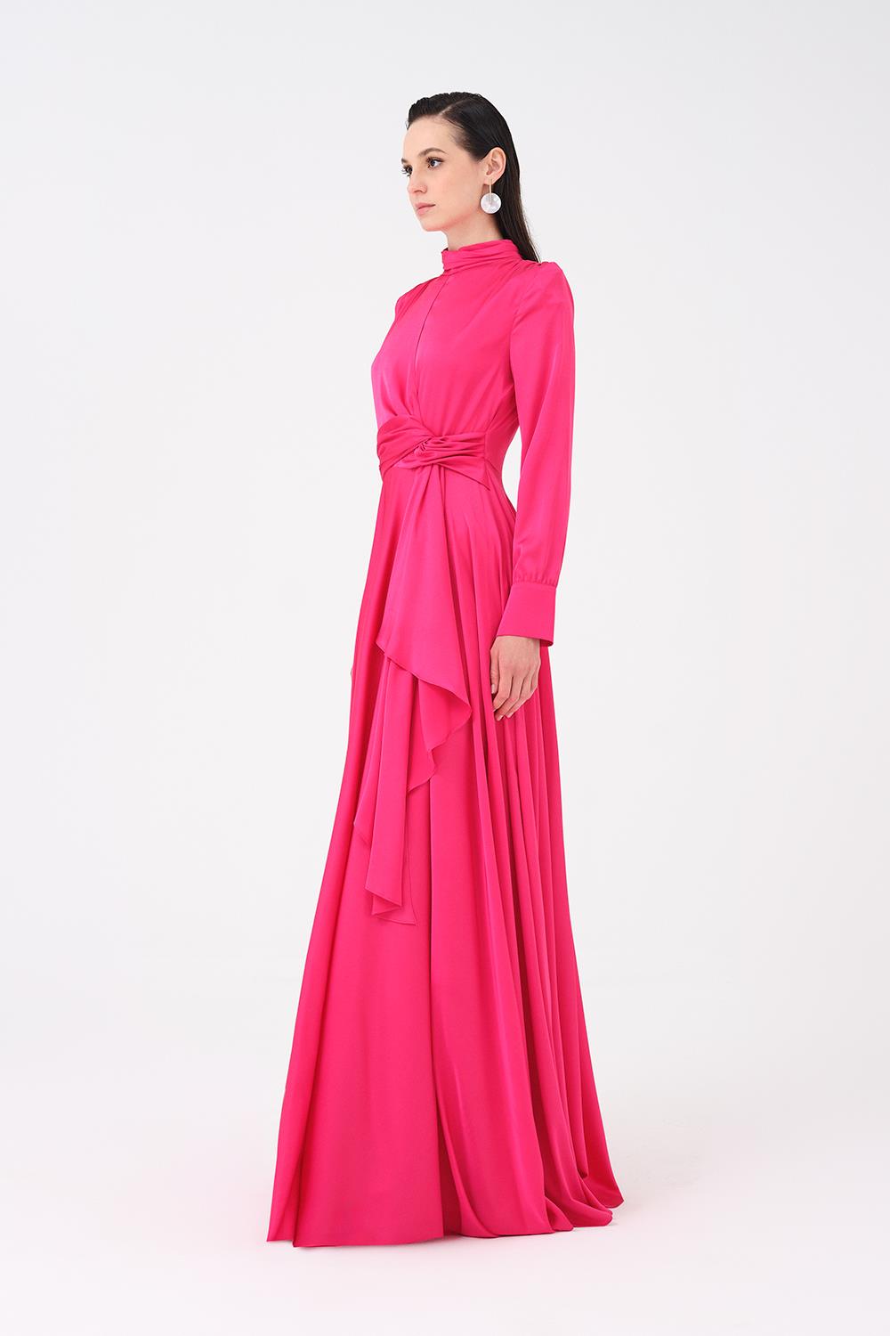 Drape Detailed Stand Collar Satin Long Evening Dress