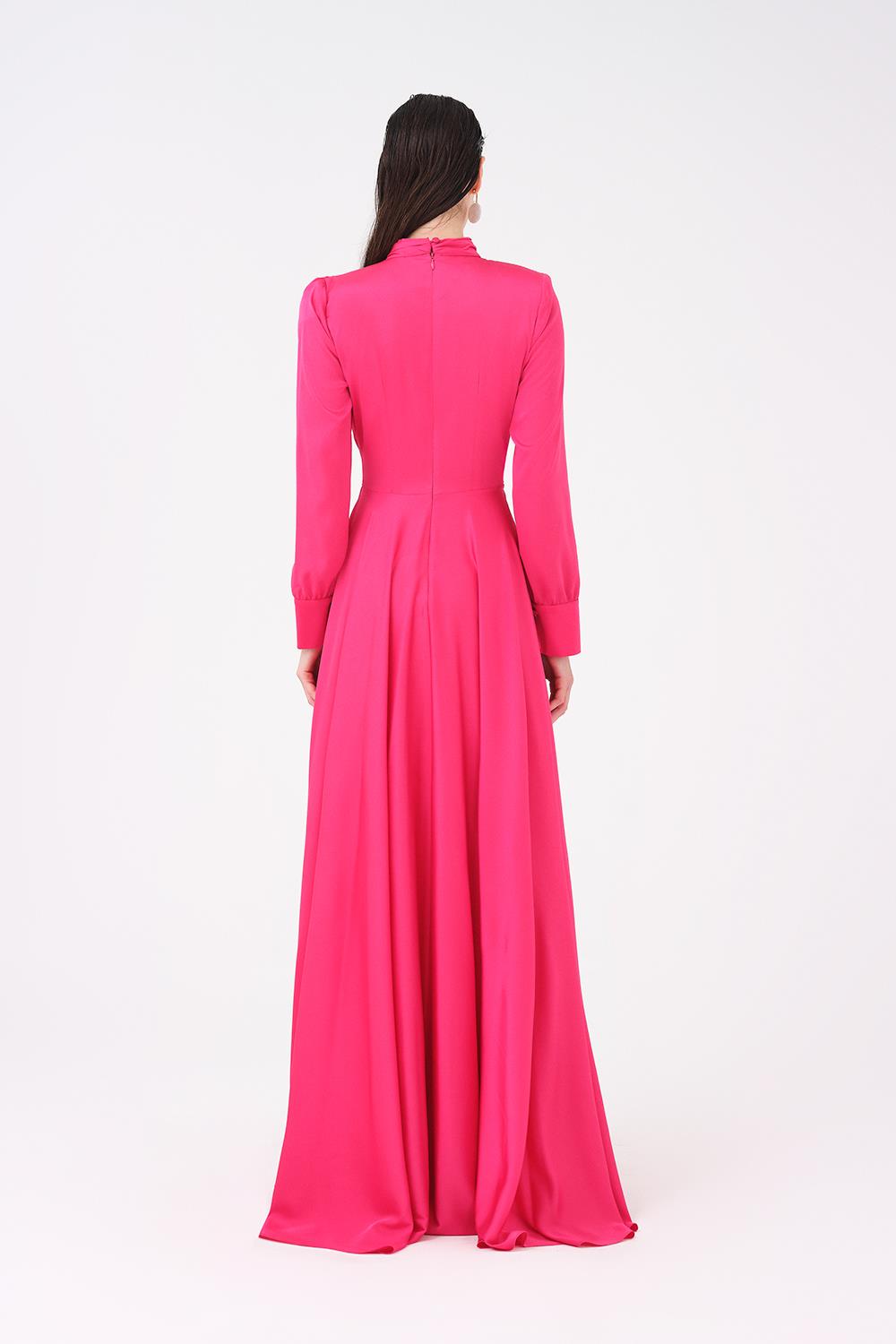 Drape Detailed Stand Collar Satin Long Evening Dress