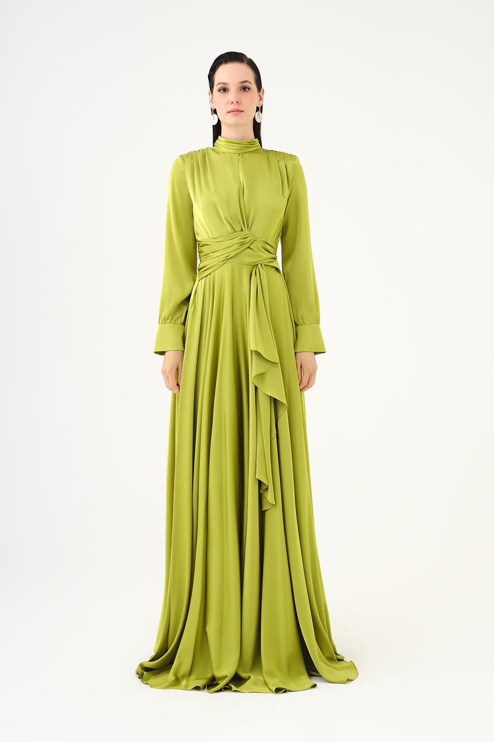 Drape Detailed Stand Collar Satin Long Evening Dress