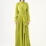 Drape Detailed Stand Collar Satin Long Evening Dress