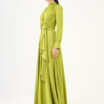 Drape Detailed Stand Collar Satin Long Evening Dress