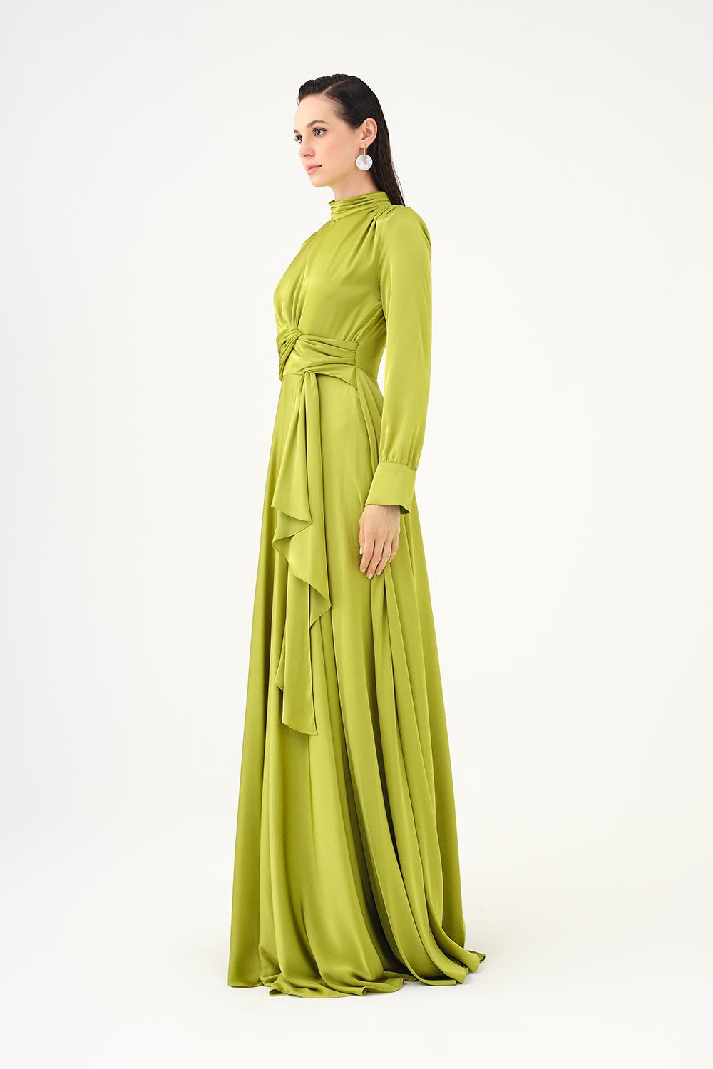 Drape Detailed Stand Collar Satin Long Evening Dress