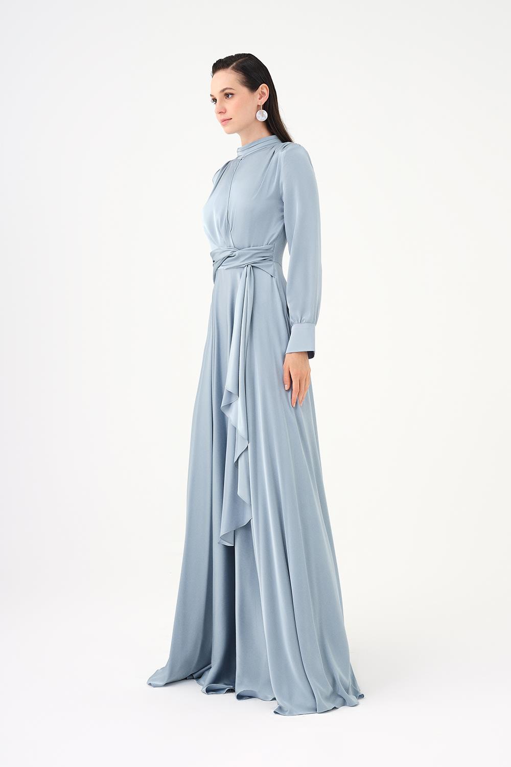 Drape Detailed Stand Collar Satin Long Evening Dress