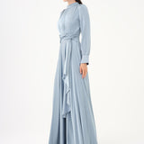 Drape Detailed Stand Collar Satin Long Evening Dress