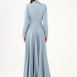 Drape Detailed Stand Collar Satin Long Evening Dress